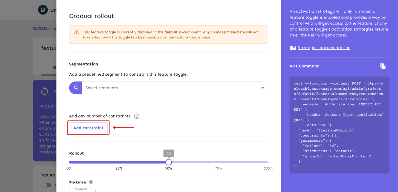 A feature toggle strategy view showing a button labeled with add constraints.