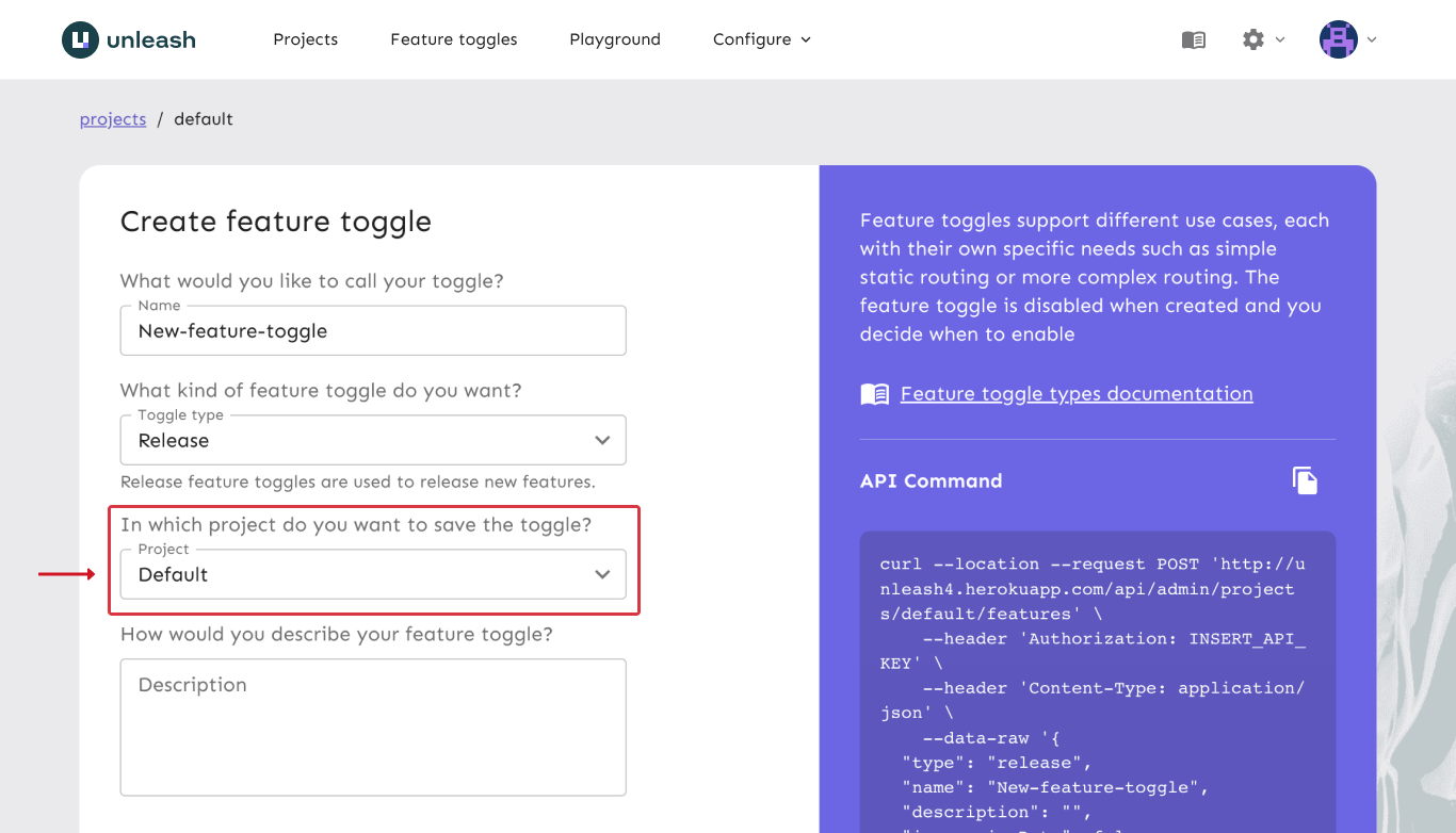 A form to create a toggle. An arrow points to an input labeled &quot;project&quot;.